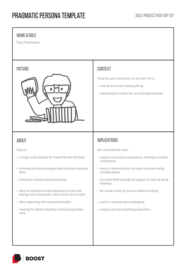 An example pragmatic persona. If your product is sliced bread your user persona could be Tony Toastmaker.