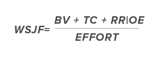 Weighted Shortest Job First equation: Weighted Shortest Job First = User|Business Value + Time Criticality + Risk Reduction|Opportunity Enhancement Value / Effort