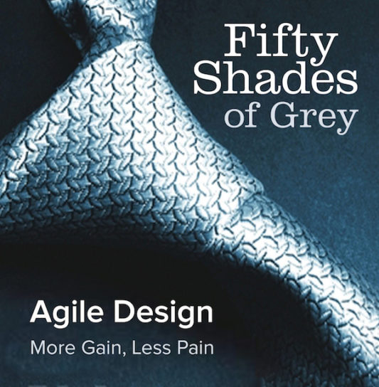 The cover of the book 50 Shades of Grey, edited to show the benefits of our Agile design process: more gain for less pain.