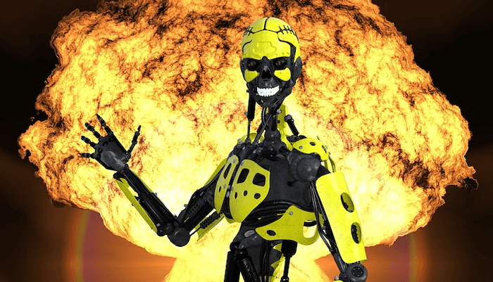 Robot waving in front of a mushroom cloud, symbolising the way automation will blow up the world of work. Image from Needpix.com, by TheDigitalArtist (pixabay.com)