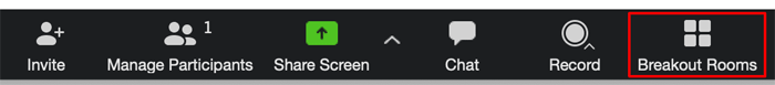 Zoom toolbar with Breakout Rooms button highlighted. 