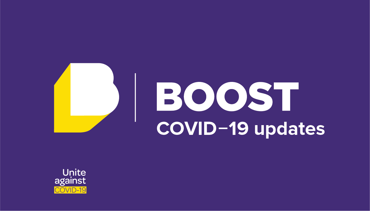 Boost COVID-19 updates banner featuring the Boost logo and a variant of the Unite against COVID-19 logo from https://covid19.govt.nz/ — CC-by-4 https://creativecommons.org/licenses/by/4.0/